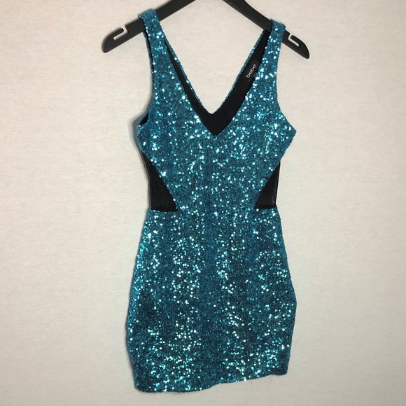 BEBE Turquoise Blue Sequin Dress with Mesh Side Detailing - Picture 6 of 7